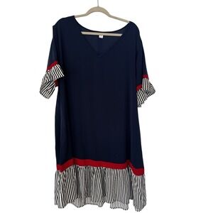Women's Navy Blue Ruffle Striped Sleeve Mini Sun Dress‎ V Neck Plus Size 4 XL